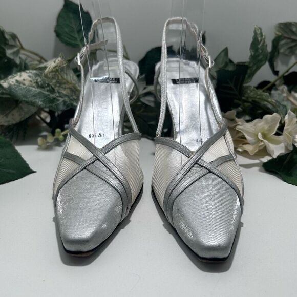 Stuart Weitzman Lame Dressy Pumps Size 8.5 Silver Matte Slingback Mesh Detail - Picture 2 of 16